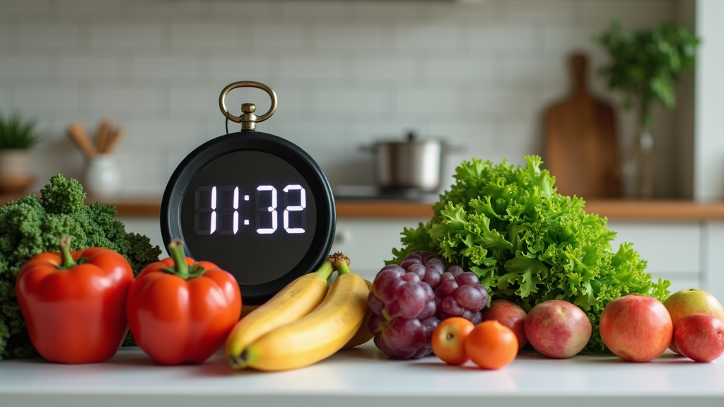 A variety of healthy foods and a digital clock on a wooden table
