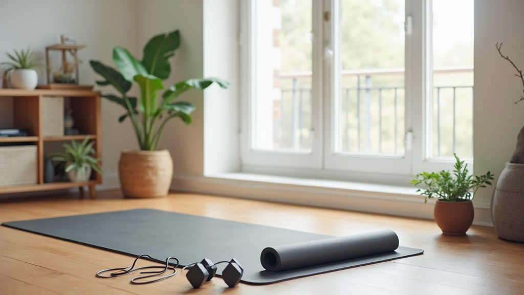Minimalist home gym setup with resistance bands, yoga mat, and small weights neatly arranged on a wooden floor in a bright living space
